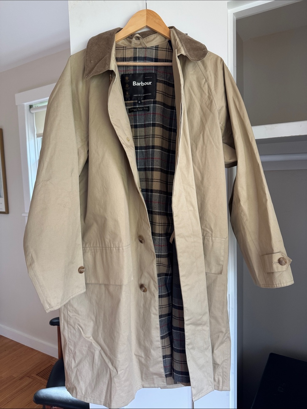 Barbour Beige Trench Coat with Brown Corduroy Collar